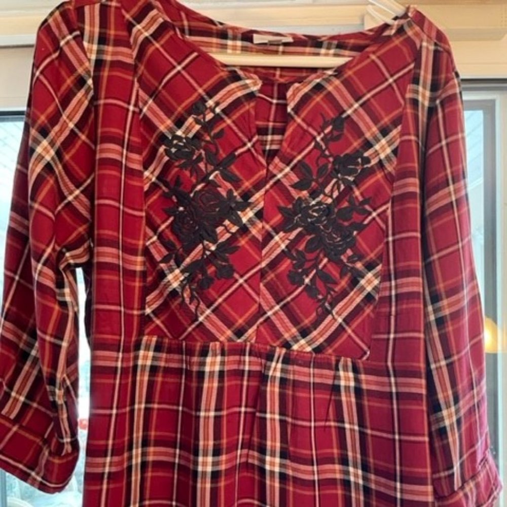 Super Cute Embroidered Smock Front Plaid Long Sleeve AVENUE Women's Blouse